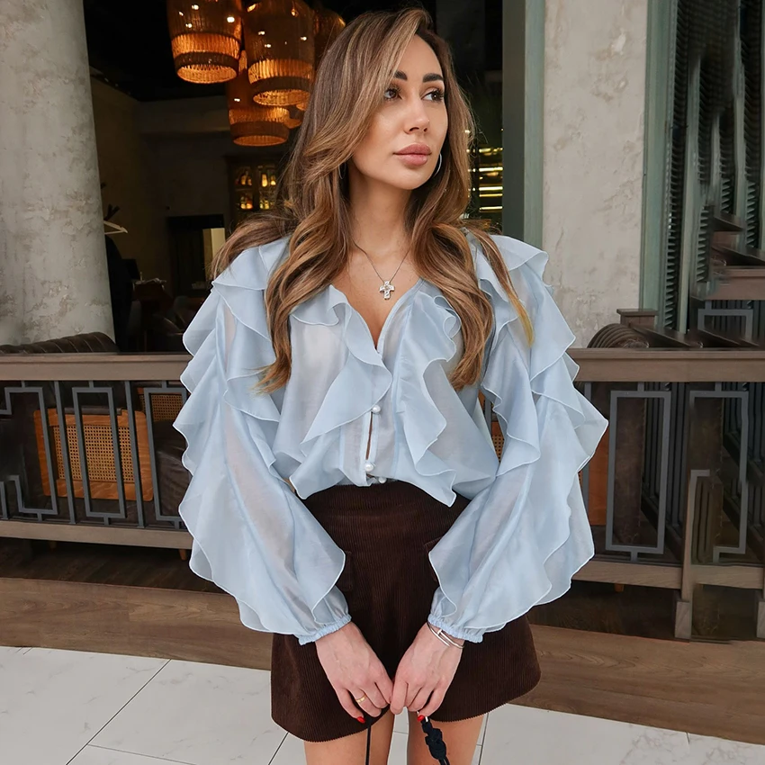 

Linad Sexy White Sheer Butterfly Sleeve Woman Blouse Summer Street Chic Thin Ruffles Shirts Female Casual V Neck Top 2025 Autumn