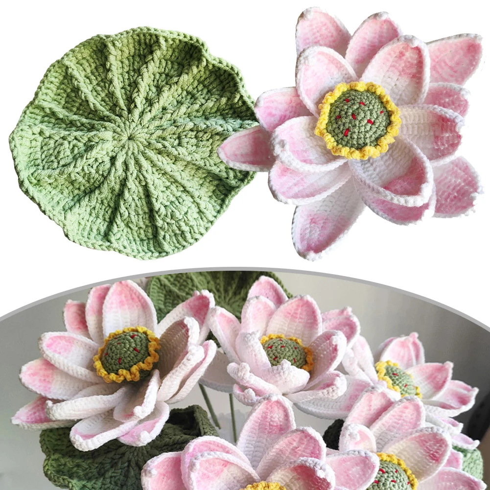 Hand-Woven Shaped Artificial Flower Lotus Lotus Leaf Wool Crochet Eternal Flower For Wedding Home Table Decor New Year Present