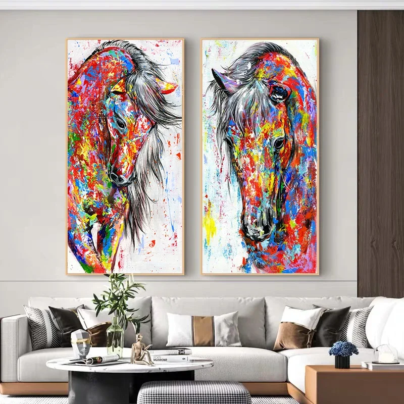 (1PC Unframe)Color Abstract Graffiti Horse Modern Animal Art Canvas Painting Cuadros Posters Print Wall Art for Living Room Home