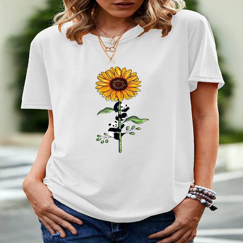 Cotton 100% Panda, Sunflower  Print European Top T-shirt for Women Graphic T Shirts  Women Clothing  Harajuku Tops Summer