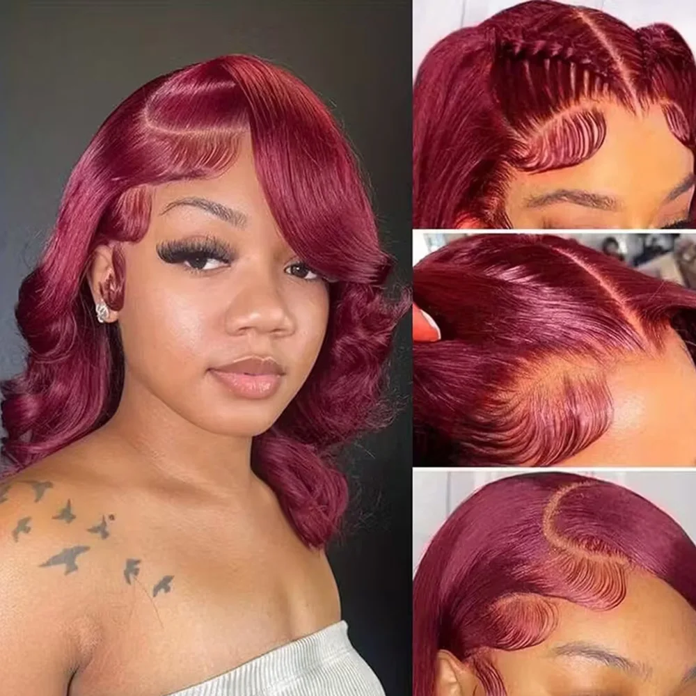 13x4 HD الدانتيل الجبهة 99J بورجوندي الجسم موجة قصيرة بوب شعر مستعار شعر الإنسان قبل قطعها البرازيلي عذراء النبيذ الأحمر اللون الشعر البشري