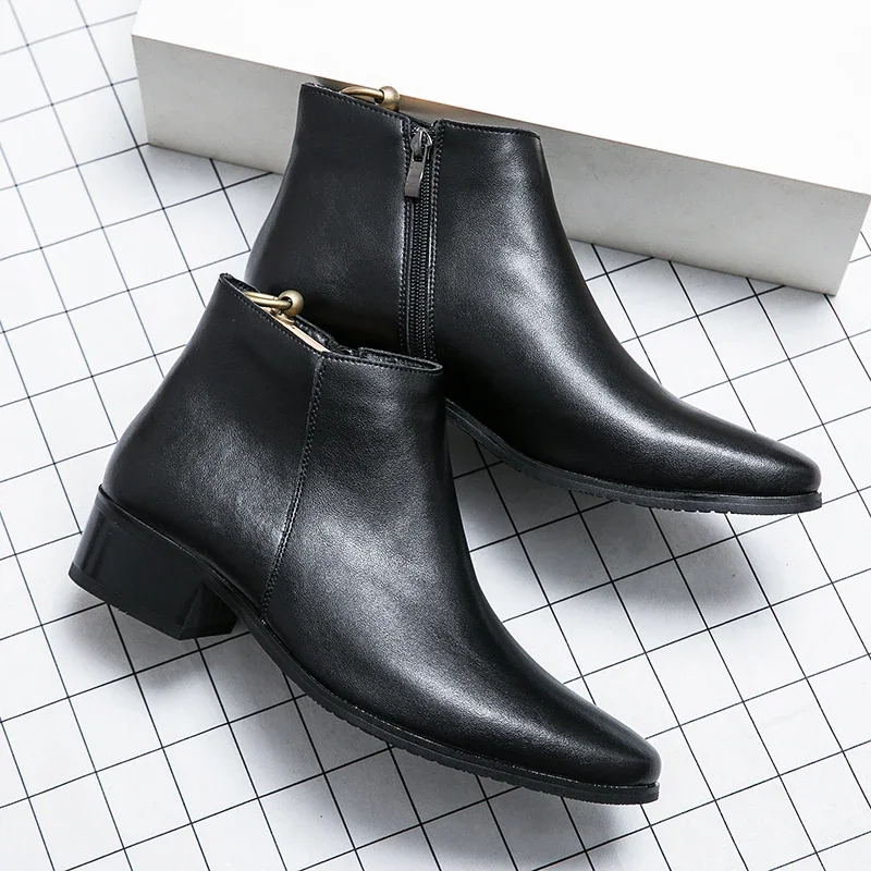 Klassische schwarze Leder-Stiefeletten für Herren und Damen im britischen Stil, Chelsea-Stiefel mit spitzer Zehenpartie, bequeme High-Top-Schuhe – Detail 6