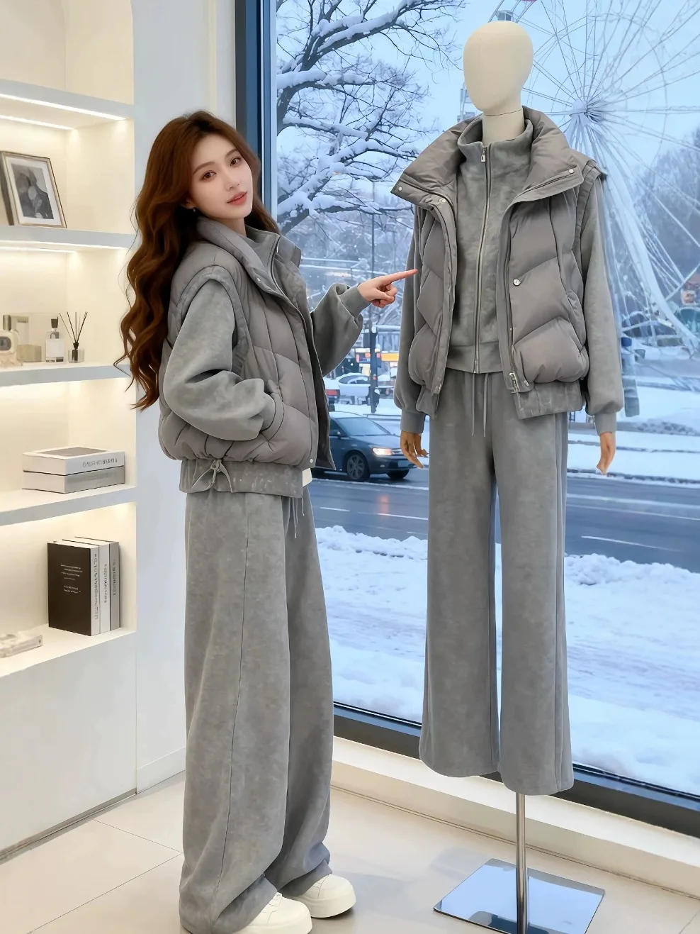 

plus Size Winter Faion Set Casual Lazy Sle Cotton Jaet Vest Sweatirt Wide Leg Pants Tee Piece Ensemble for Women
