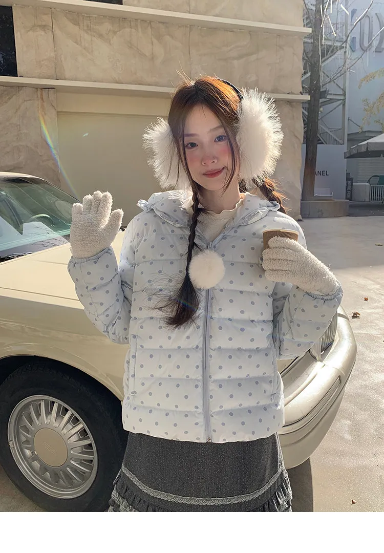 Korean Cropped Polka Dot Hooded Cotton-padded Jacket Women Zip Up Casual Winter Warm Outerwear Woman Sweet Cute Puffer Jackets