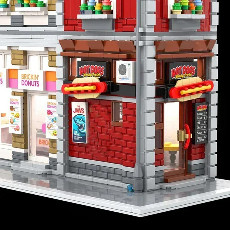 都会のストリートビューMocビルディングブロックホットドッグとドーナツ店モデルテクノロジーモジュラークリスマスおもちゃDIYセット組み立てギフト