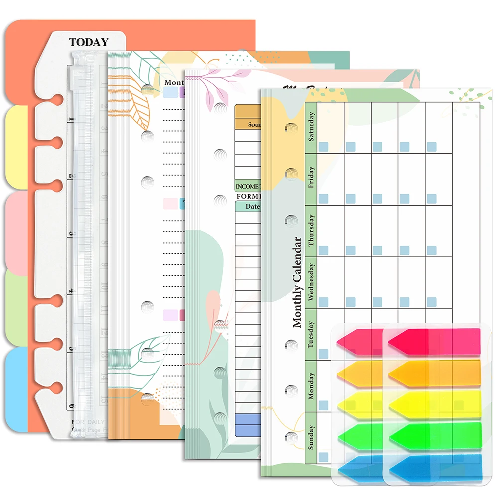 Cuaderno de papel de hojas sueltas de planta verde A6, 6 agujeros, recarga de hojas sueltas, planificador mensual semanal, página de presupuesto,