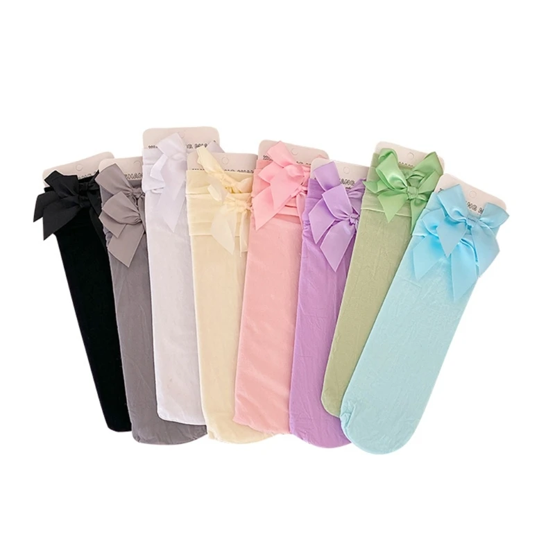 97BC Breathable Girls Knee Length Socks Lovely Bowknot Detail Middle Tube Socks