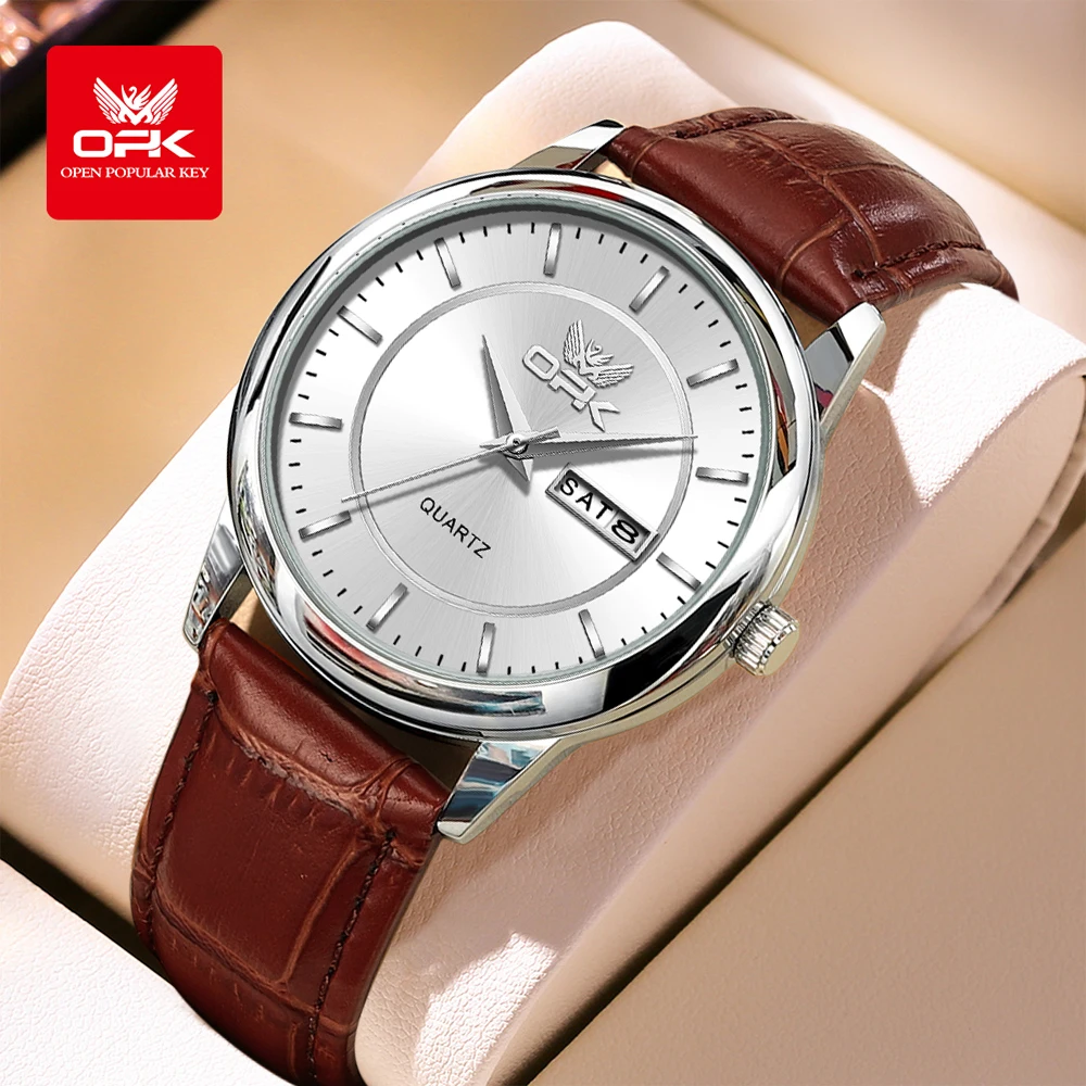 OPK 6022 Men Watches Elegant Fashion Quartz Wristwatch for Men Waterproof Leather Strap Dual Calendar Window Display Watch