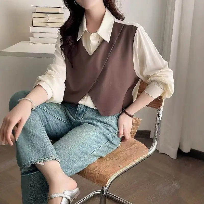 

Fake Two Pieces Patchwork Loose Vintage Blouse Women Clothing Spring Autumn New Long Sleeve Casual Shirt Tops Fashion Elegant