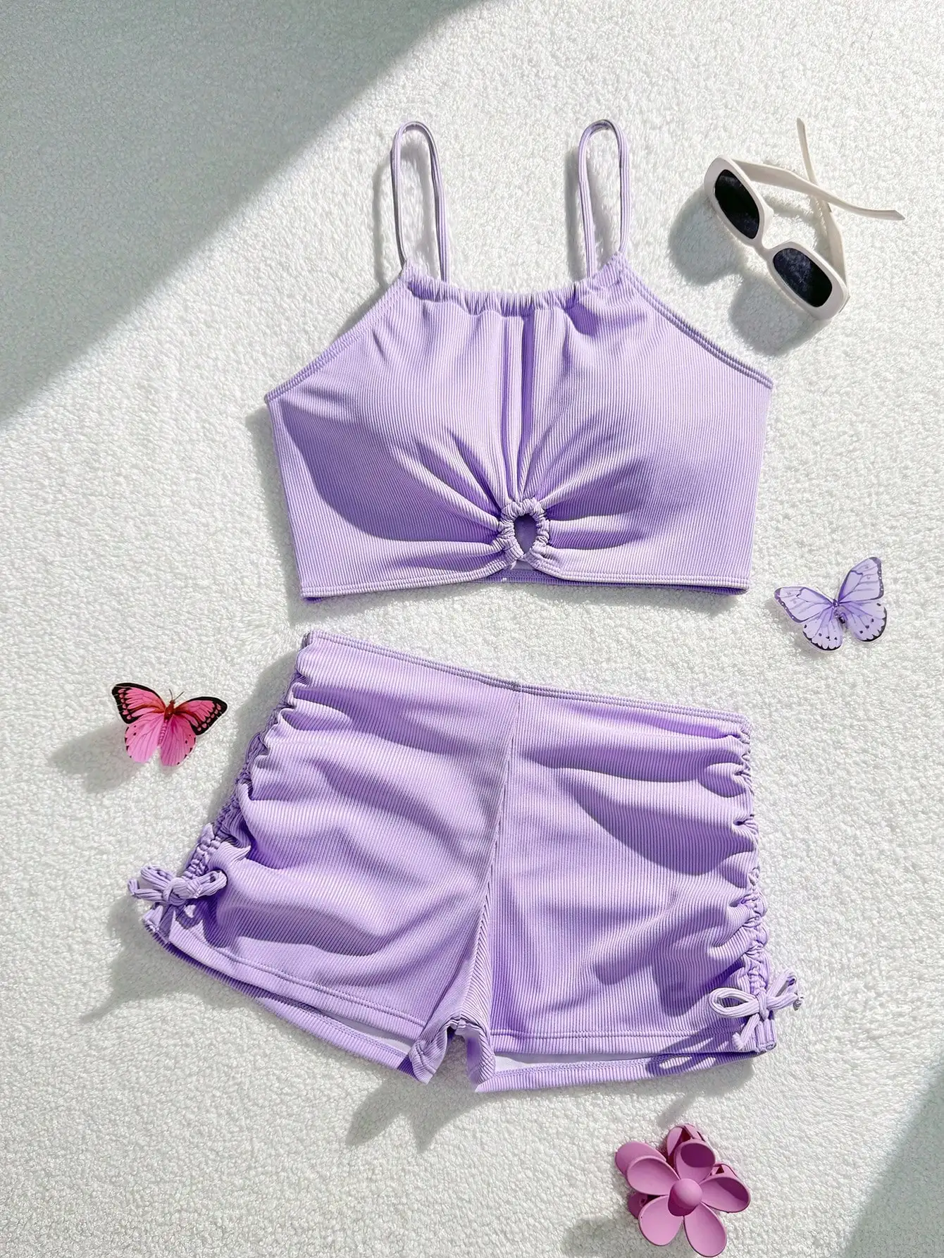 

Фиолетовый ребристый купальник из двух частей: топ и шорты-боксеры для женщин, летний комплект бикини