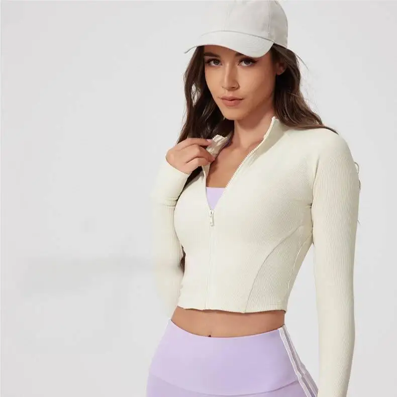 

Женские укороченные топы на молнии, футболки для йоги, однотонный спортивный топ, рубашки для бега с длинными рукавами, сексуальная быстросохнущая спортивная куртка для спортзала Fiess