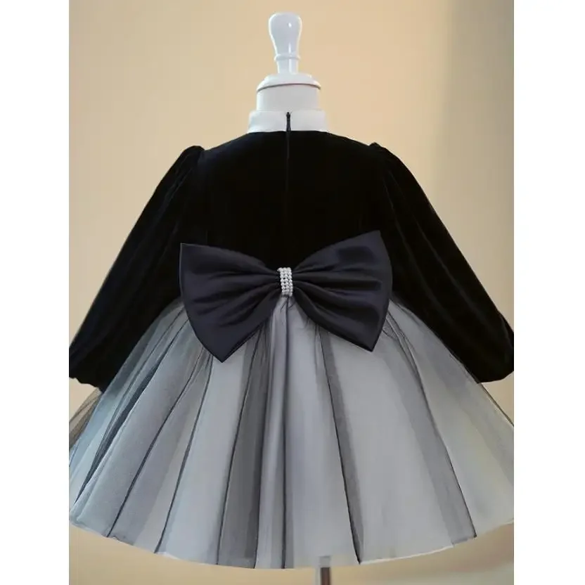 Children's Princess Costume Long Sleeved Pearls Design Wedding Birthday Baptism Party Girls Princess Dress A3165 Vestidos