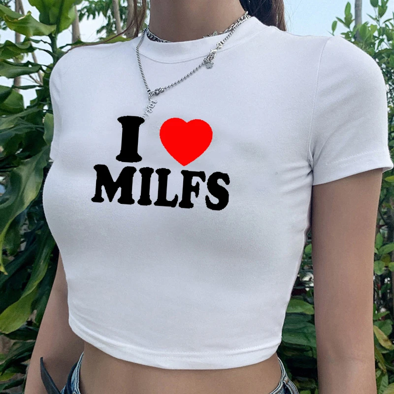 

I Love Milfs Red Heart Print Female T Shirt Summer Baby Crop Top Sexy Party Clothes O Neck Cropped Navel Women Cotton T-Shirt