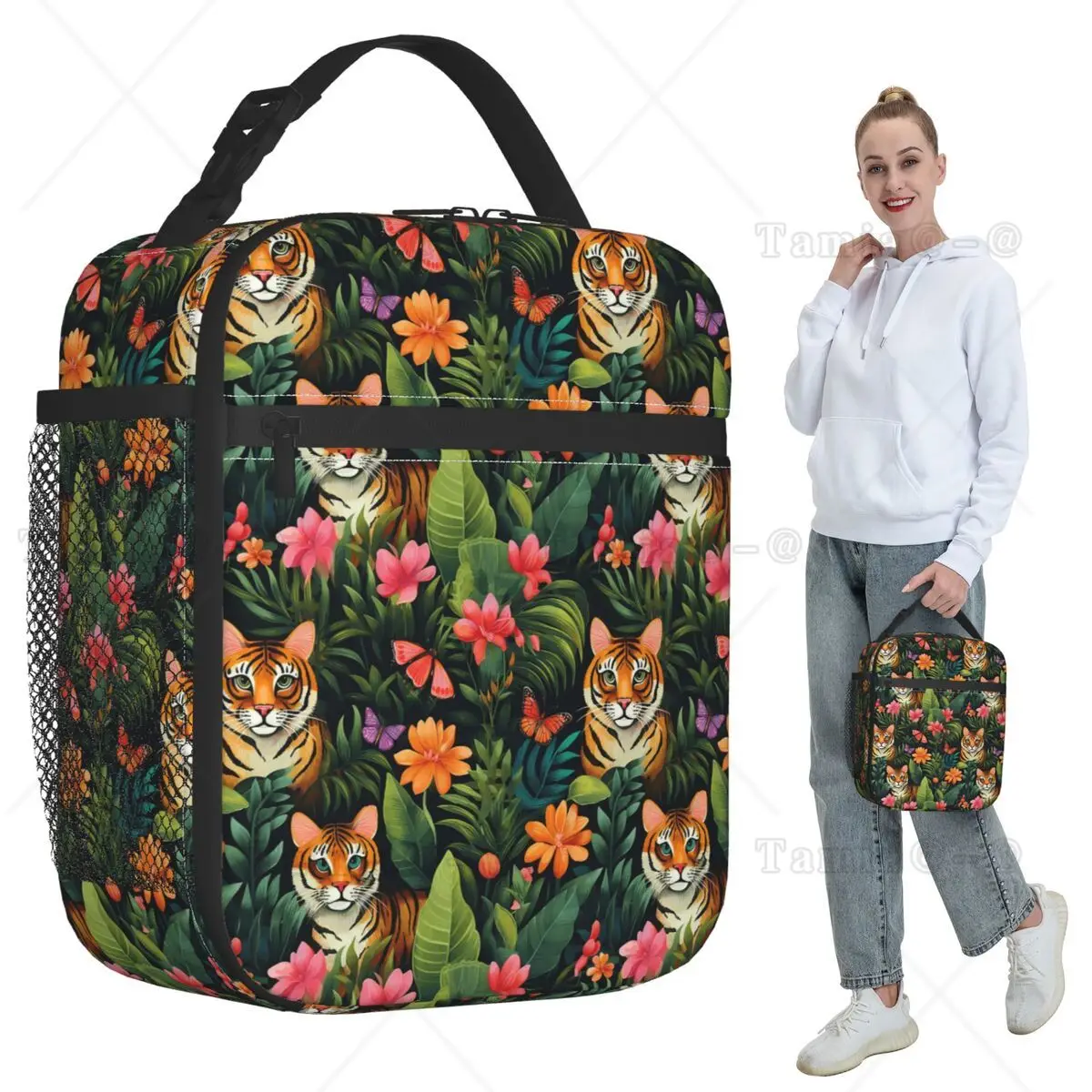 Jungle Tiger And Tropical Floral Insulated Lunch Bag for Kids School Cooler Thermal Food Box Tote Portable Lunch Boxes Container