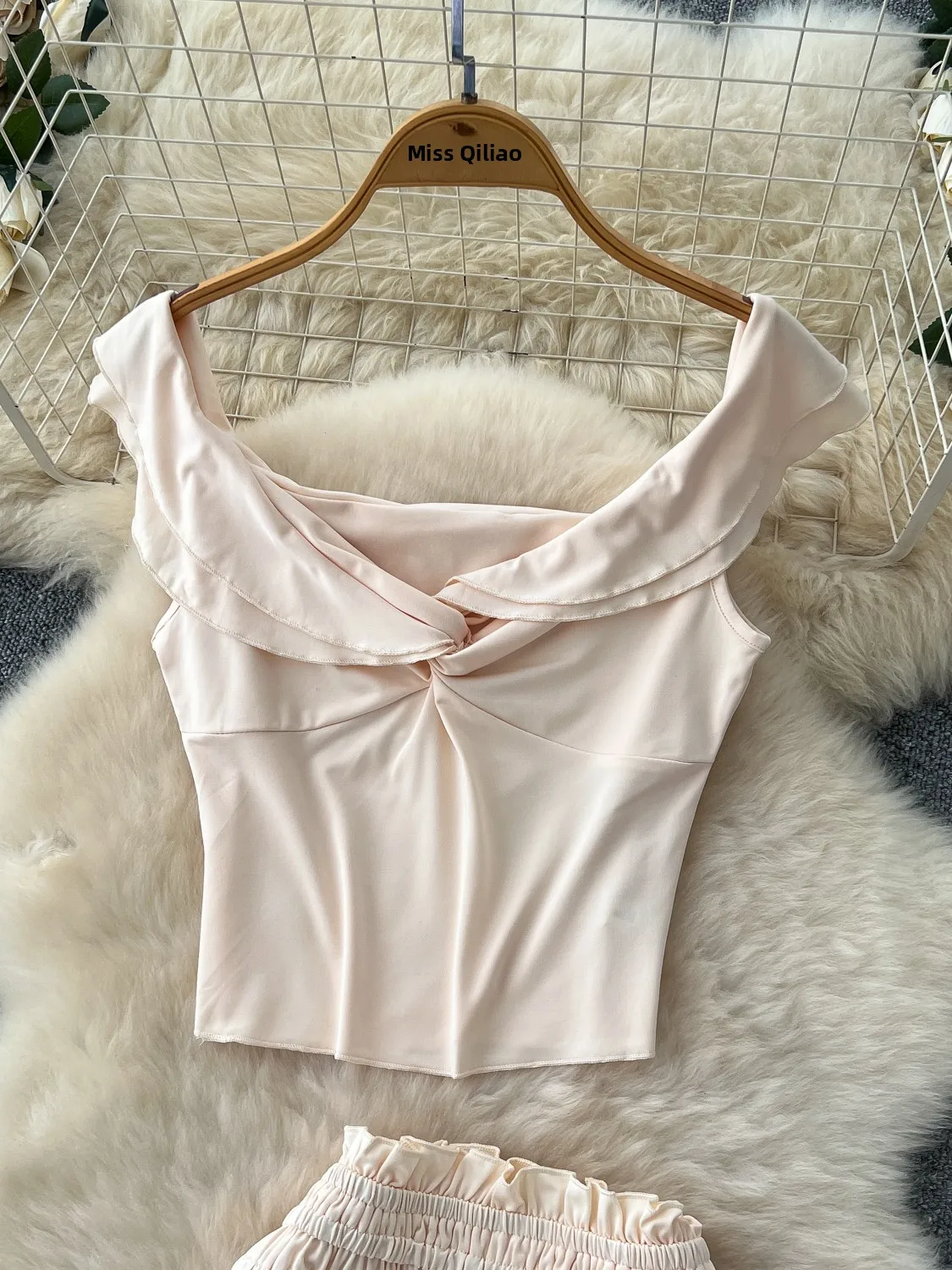 

Ele Sister Set Summer Twist Le Top High Waist f-length Skirt with Dstring Faionable Two-piece Suit for Women