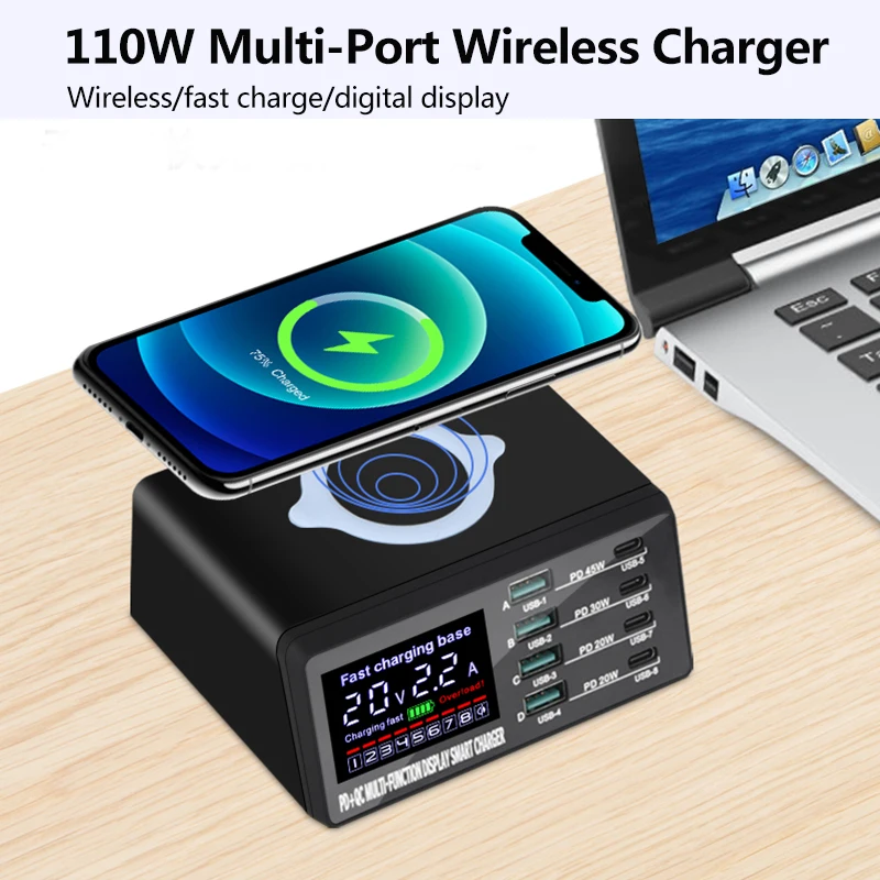 110W 8 USB Quick 3.0 Adapter HUB Ports Wireless Charging Station PD Fast Charger  For iPhone 14 13 12 11 Samsung Huawei Xiaomi