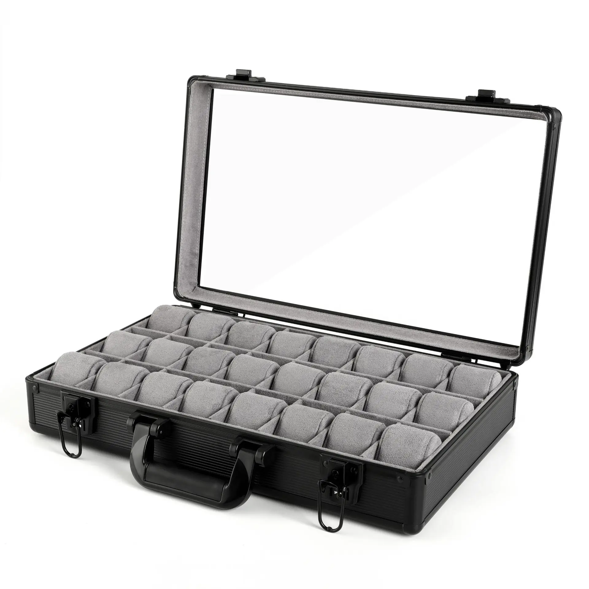 Aluminum Alloy Rectangular Watch Jewelry Storage Box Deerskin Velvet Lining 24 Sealed Double Open Closure Green Model L1-5