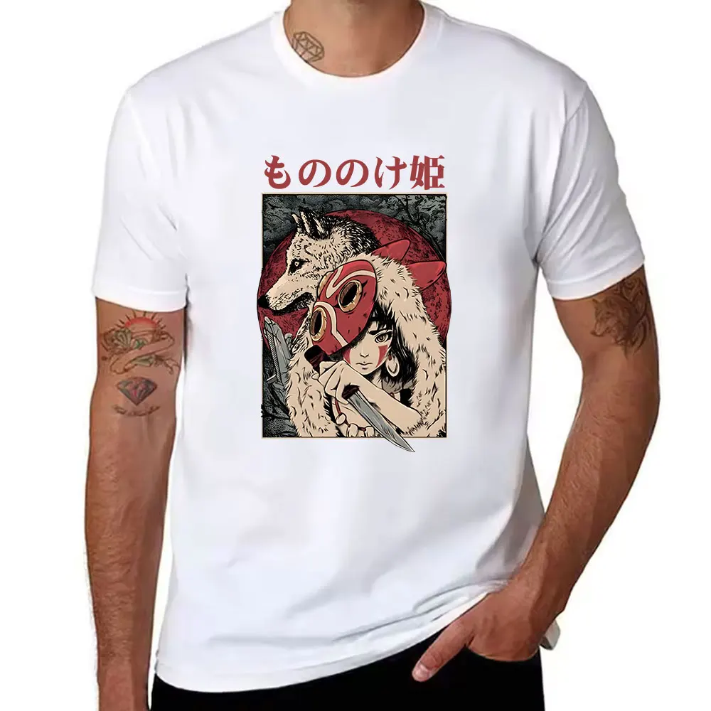 Vintage Japanese Style Wolf & Masked Warrior Print Cotton Men's T-Shirt