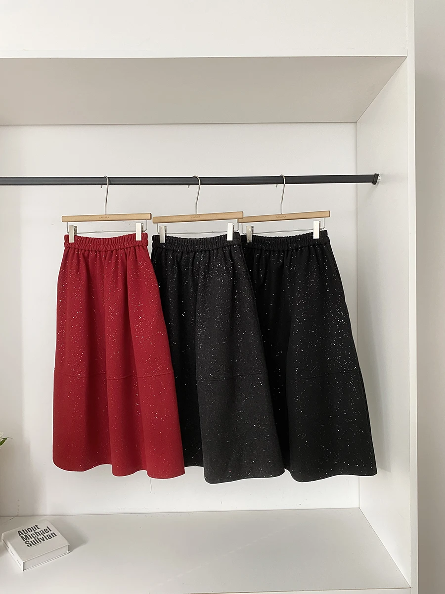 Winter 2025 High Waist A-Line Skirt Women's Commute Versatile Heavy Embellishment Shiny Polyester Fiber Midi Skirt