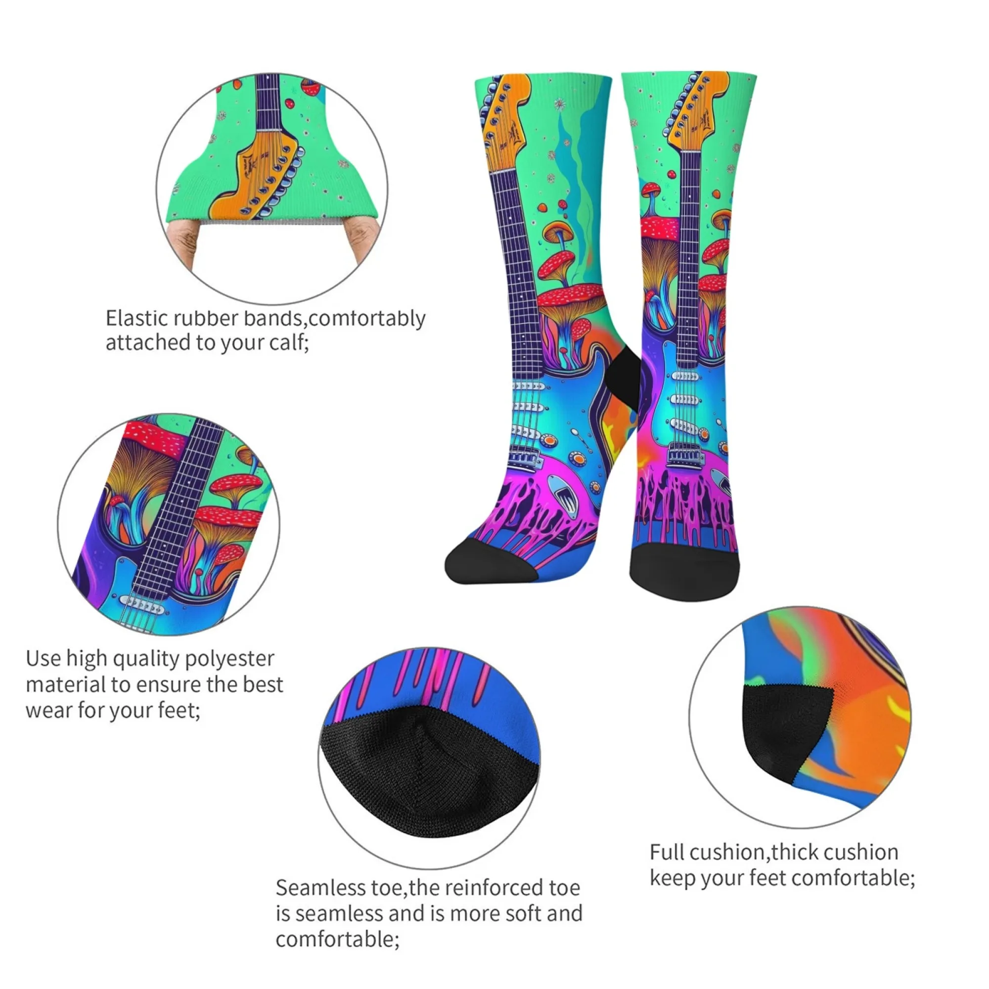 Psicodélico rock guitarra pop música meias masculinas novidade feliz engraçado tripulação meias louco hip hop tendência meias harajuku estilo retro