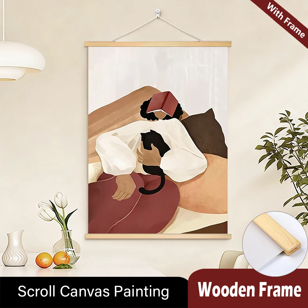 Hanging Posters Canvas Painting Soft Pastel Illustration for Bedroom or Study Nordic Style Solid Wood Scroll Painting with Frame
