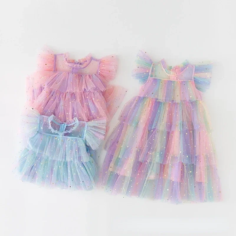 2024 New Girls Clothes Fashion Stars Sequins Mesh Cake Puffy Girls Dress Party Princess Sweet Gown Baby Dresses Summer Vestidos