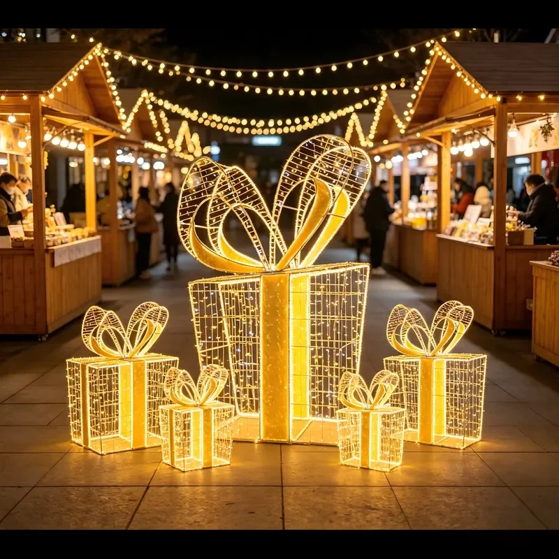 Gold Metal Frame LED Gift Box Light IP65 Waterproof Bow Pattern Christmas Decoration for Plaza Mall Rooftop Festive Event