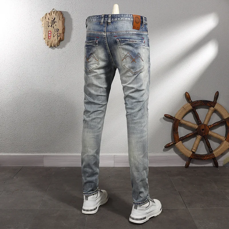 Retro Make Old Ripped Jeans Men\'s Motorcycle Street Trousers Trendy Casual Slim Fit Skinny Pants Nostalgic Men\'s Clothing