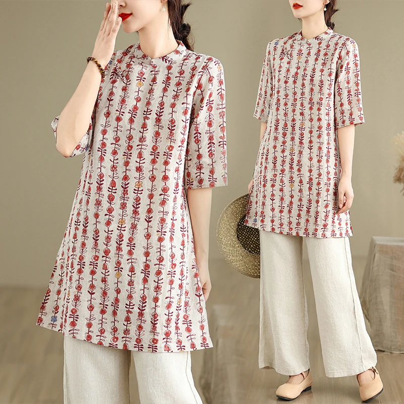 

Художественная национальная женская футболка из хлопка и льна со средним рукавом и принтом на пуговицах, повседневный топ Fem Faionable, летняя одежда