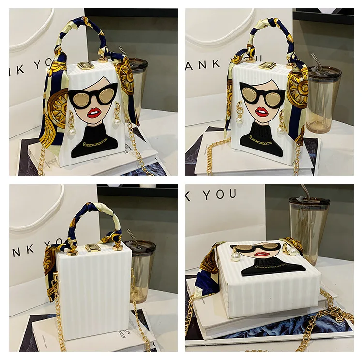 Fashion Lady Face Box Shaped Women Purses and Handbags Novelty Party Clutch Female Chain Shoulder Bag Chic Wedding Evening Bag