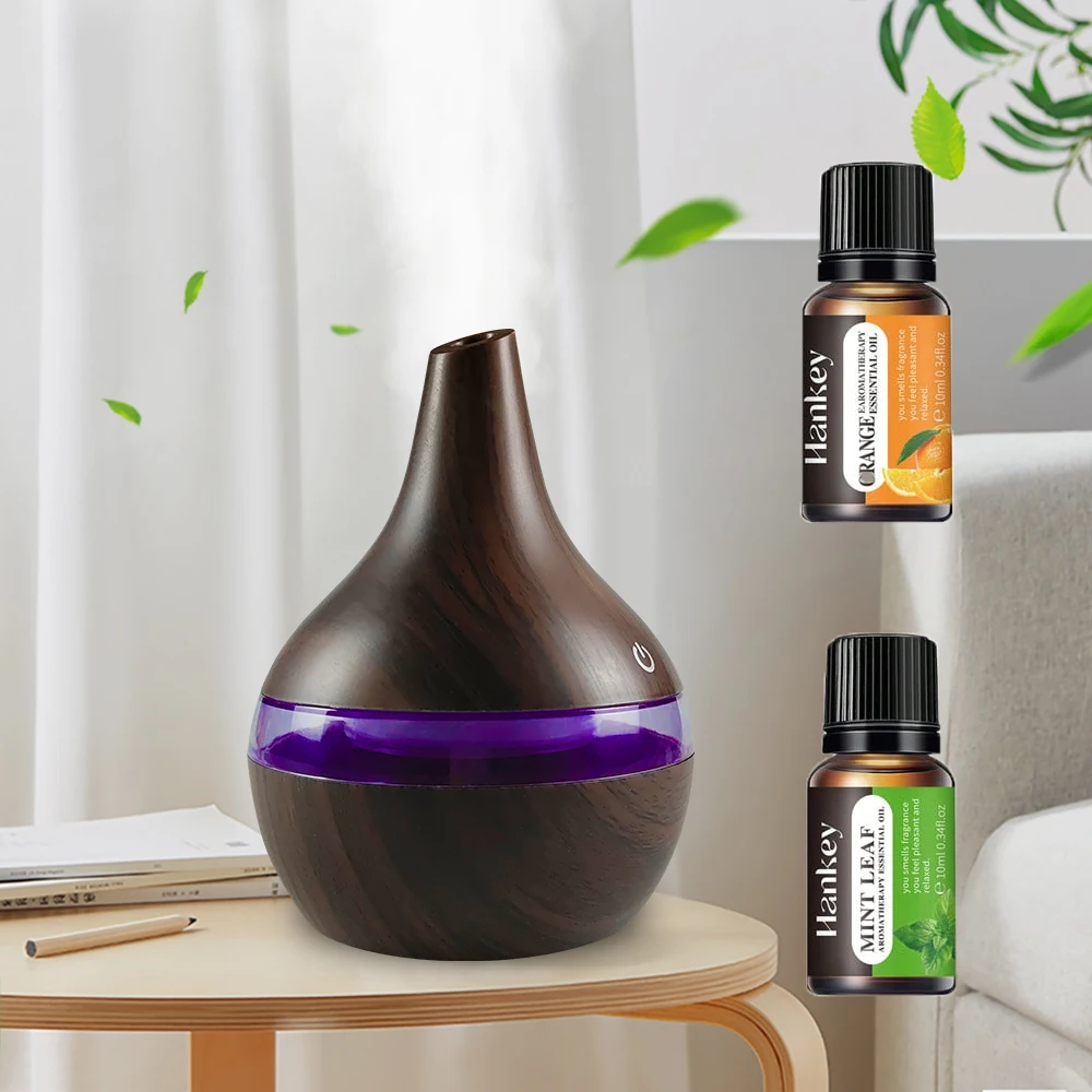 

New 300ml Wood Grain Humidifier & Essential Oil Diffuser with 2 Aroma Oils USB Cool Mist for Home & Office