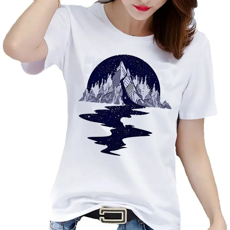 

Harajuku Style Mountain Print T-shirt Short Sleeve Unisex Casual Top Trendy Summer Fashion Polyester Fabric