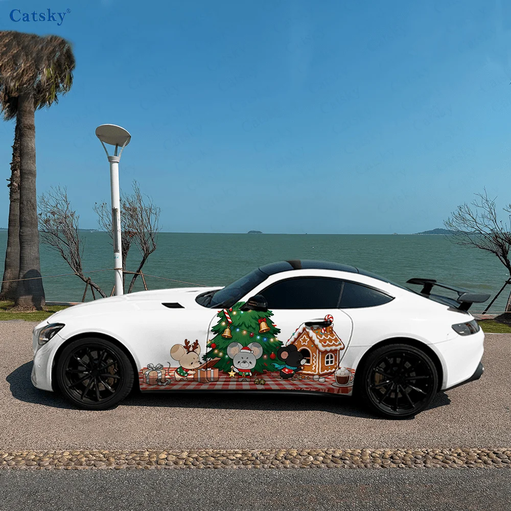 Three mice celebrating Christmas joyfully, IP Image, PVC Material, Suitable for Most Vehicles, Side Decorative Sticker, Waterpro