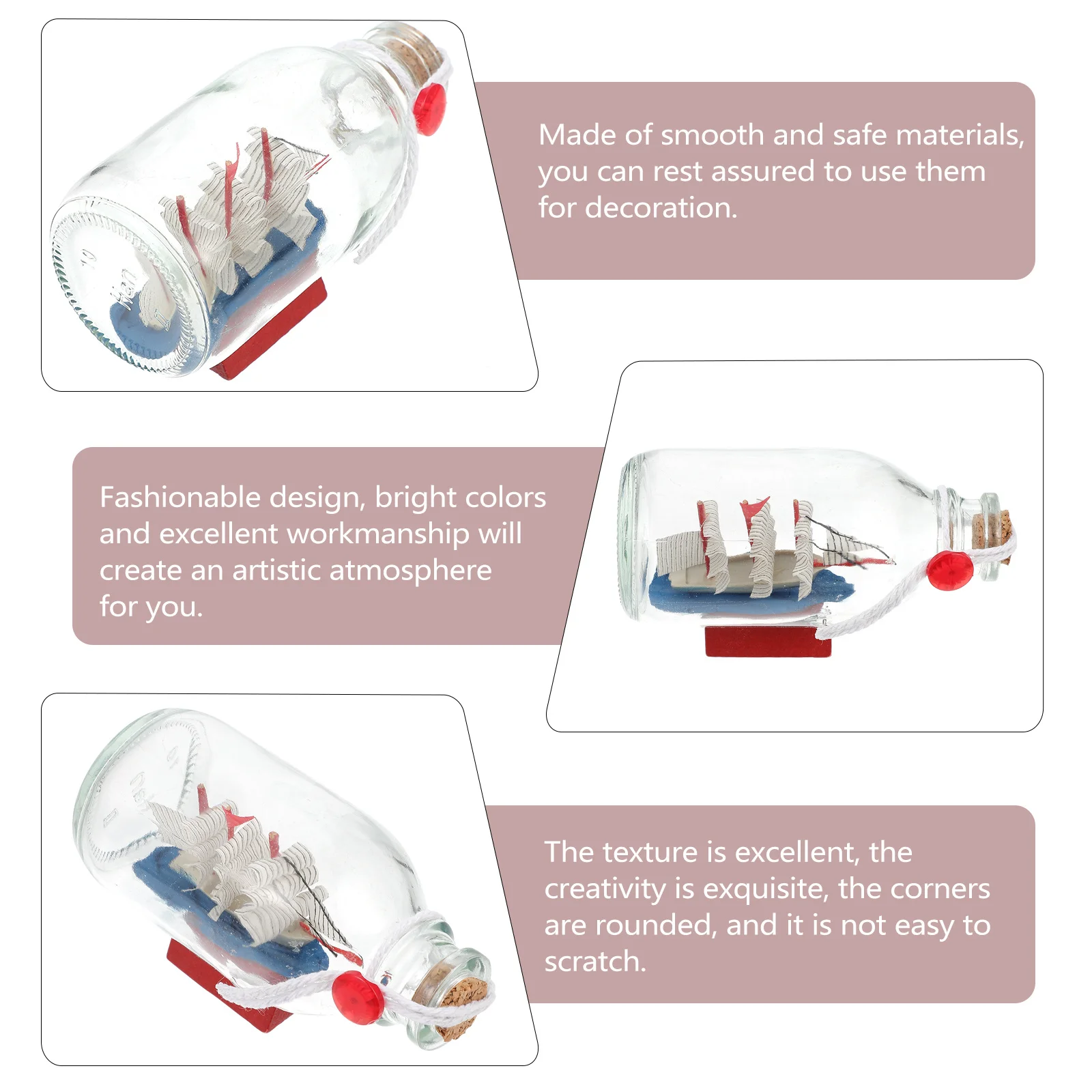 

2Pcs Bottle in Ship Craft Decor Glass Drift Desktop Home Office Table Decoration Adornment Smooth Safe Material Rounded Corner