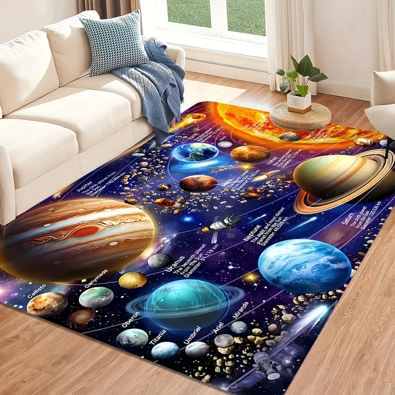 VIKAMA Outer Space Floor Mat Full Solar System Planets Asteroid Satellite Pattern Waterproof Washable Kid Playroom Decor Rug