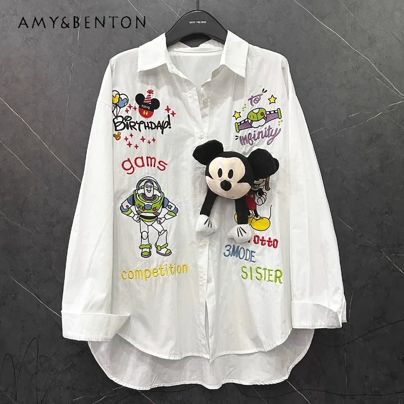 

Spring Summer Blusas Sweet Age-reducing Three-dimensional Cartoon Long-sleeved Shirt Women's Loose Casual Versatile White Blouse