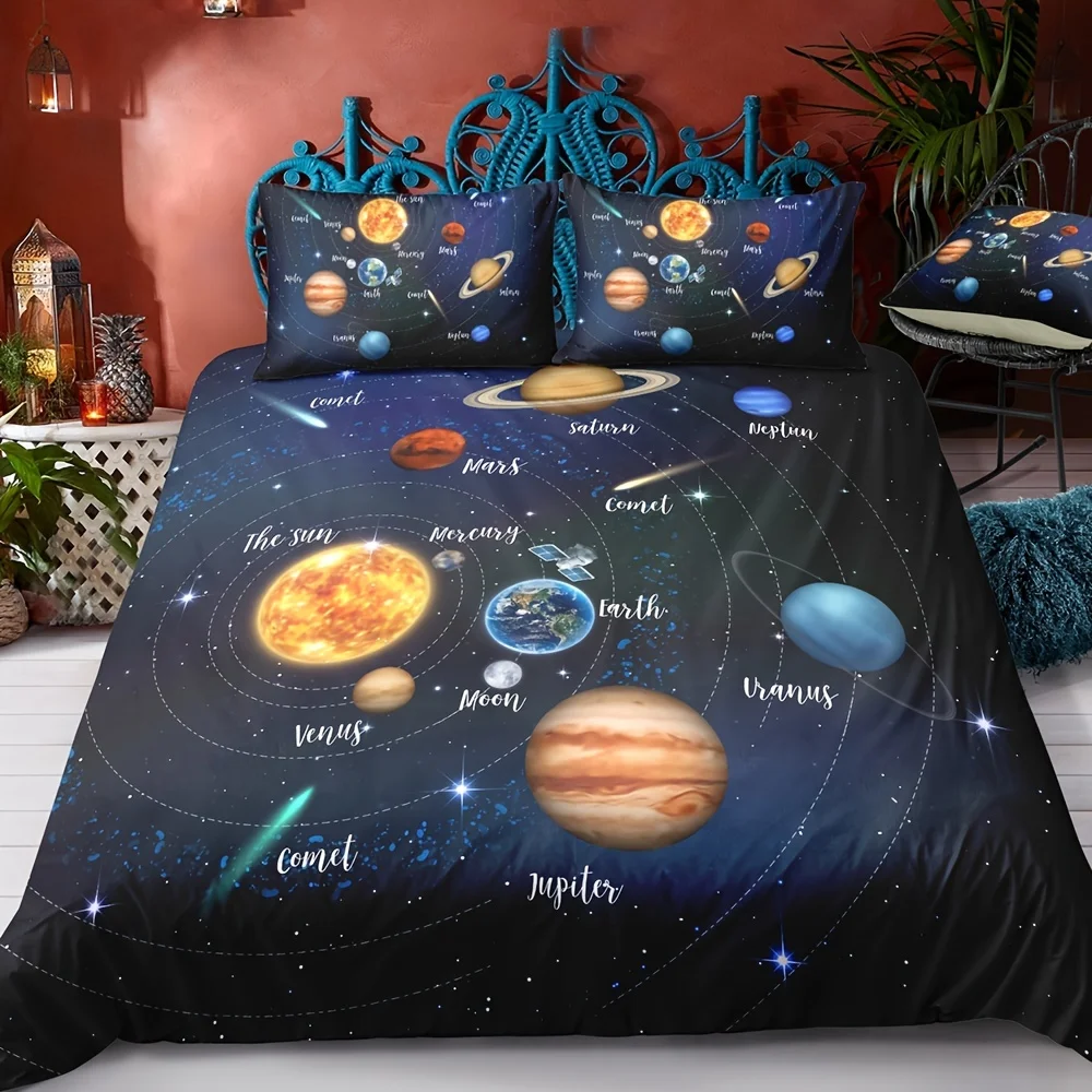 

3pcs Solar Bedding Planet Star Galaxy Kids Guest Room Duvet Cover Set (1pc* Duvet Cover + 2pcs Pillowcase, No Pillow Core)