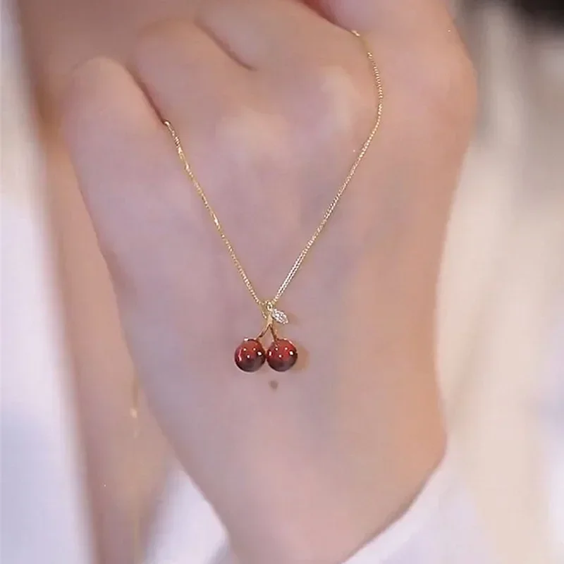 Classic Red Cherry Crystal Pendant Necklace for Women 2024 New Trendy Sweet Cute Gold Color Choker Chain Jewelry Accessory Gift