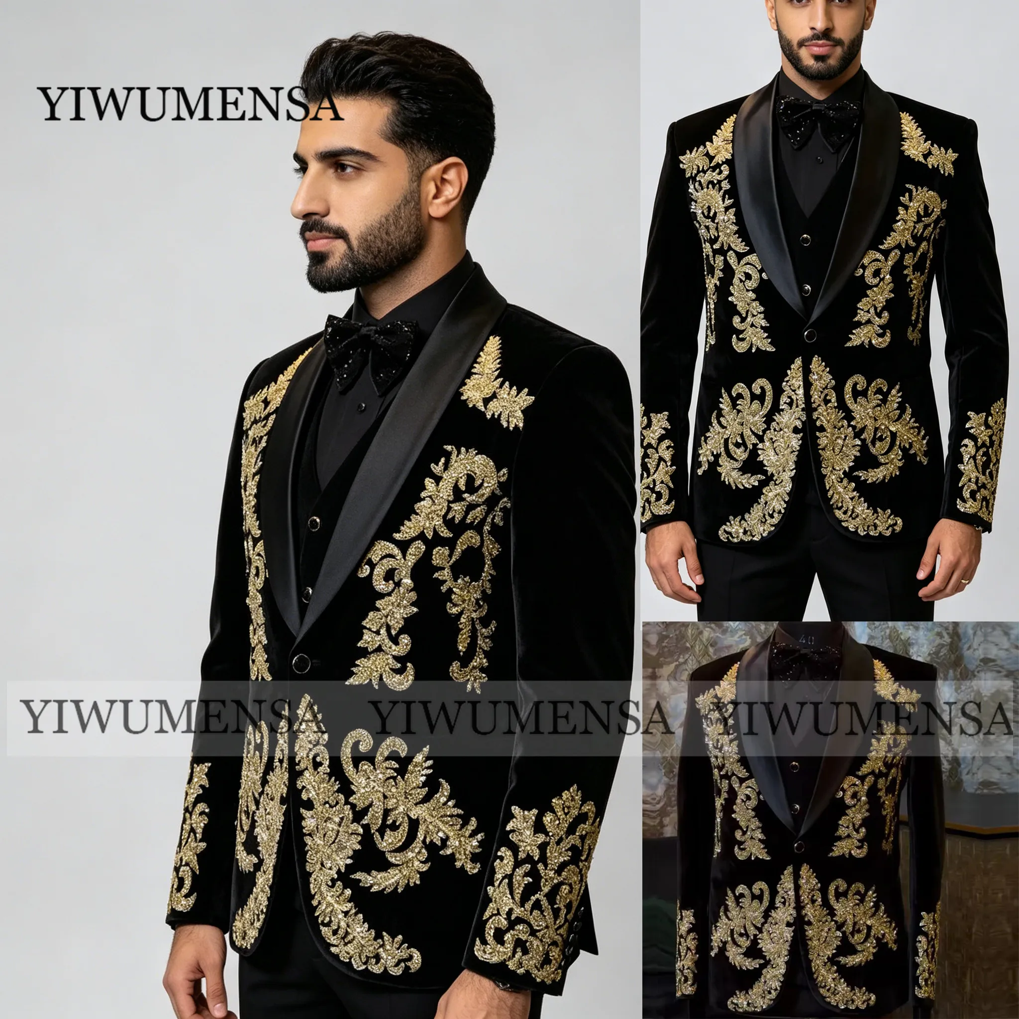 

Gold Crystals Beading Suit Men Satin Shawl Label Velvet Jacket Jacket Pants 2 Piece Sets Groom Wedding Tuxedo Attire Ropa Hombre