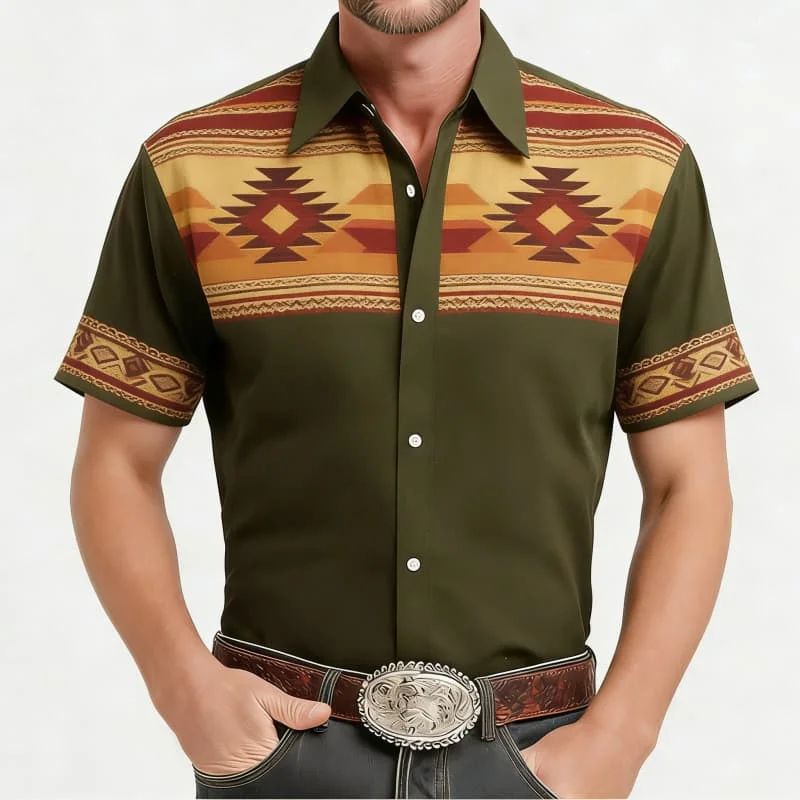 

Men's Stylish Exquisite Western Aztec Print Short Sleeve Shirt Casual Fashion For Daily Vacation And Country Street Outfits