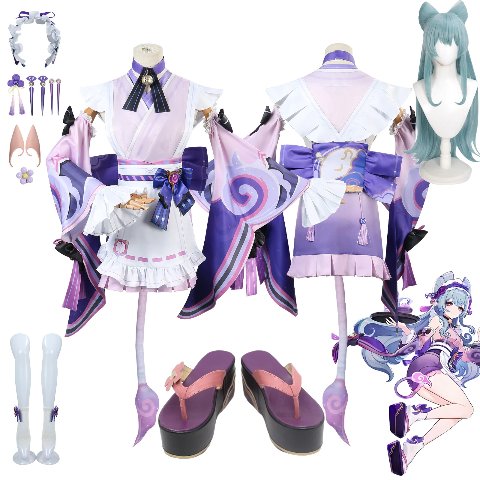 

Genshin Impact Юмакики Мизуки Косплей Костюм Парик Розовое Фиолетовое Платье Головные Уборы Носки Униформа Для Женщин Девочек Вечеринка Хэллоуин