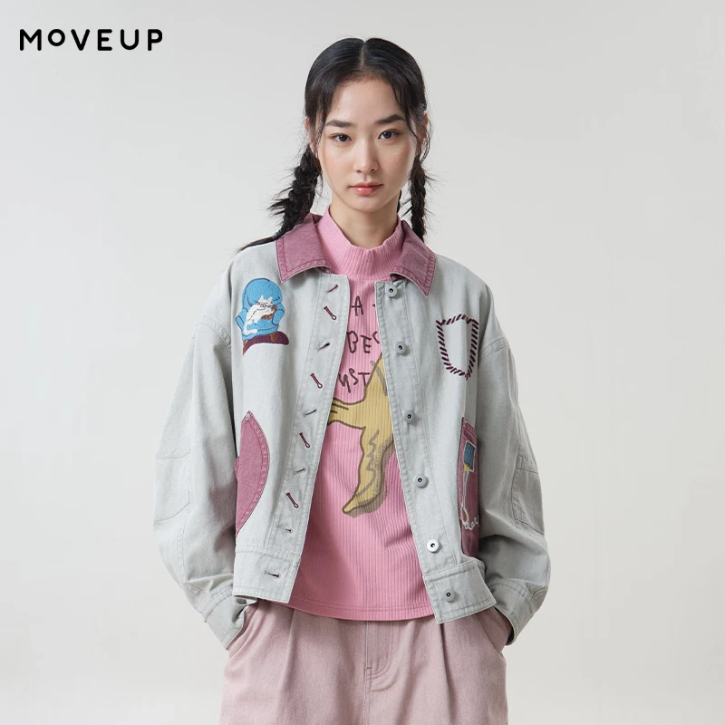 MOVEUP Women's Color‑Contrast Lapel Casual Jacket  2026 Autumn Cartoon Embroidery Patch Pockets Commuter Outerwear 3ELQ20715
