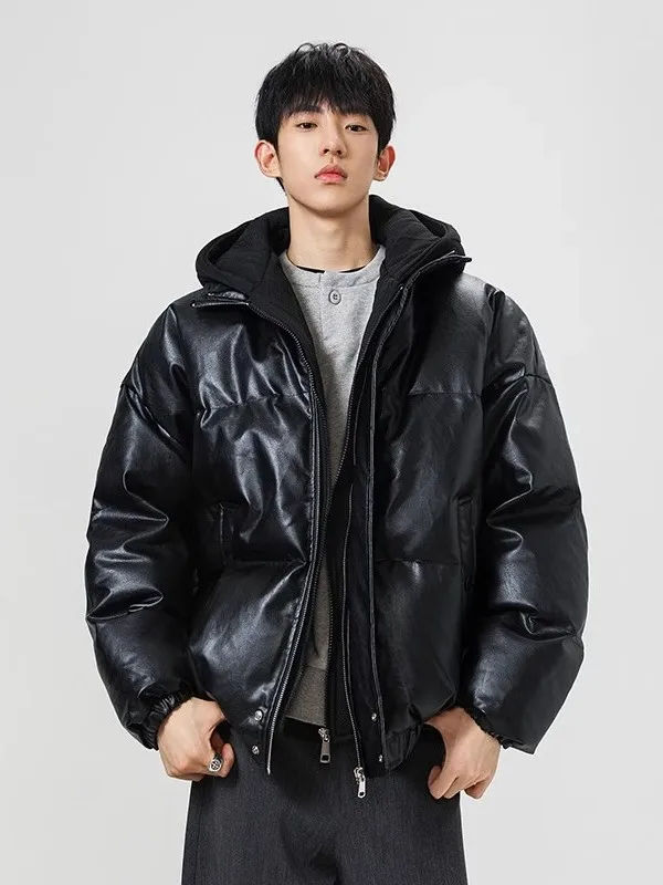 

Thiened American High Street Sle Bonel Btw Trendy PU Leather Cotton Jaet Autumn Winter Hooded Zipper Closure Men's Coat