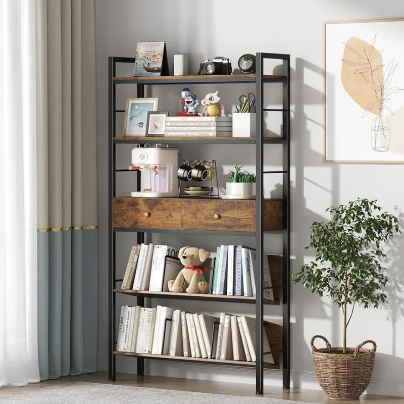 

YAOHUOO Bookshelf with Drawers- Widen Industrial Book Shelf,5 Tiers Tall Storage Shelves, Steel Frame Display Rack