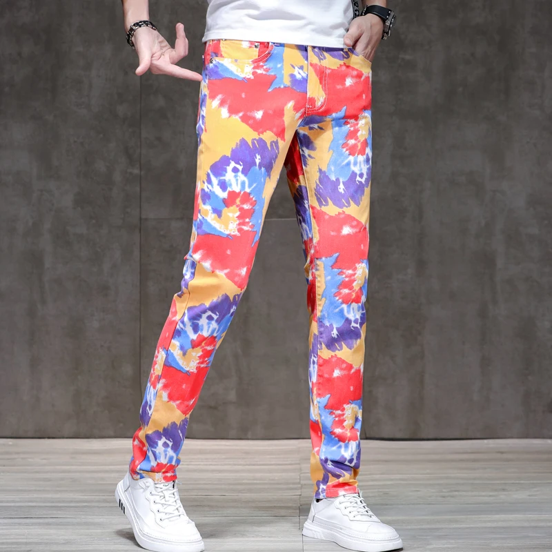 Colorful printed jeans men's fashion party trendy unique slim stretch casual handsome trousers2024new