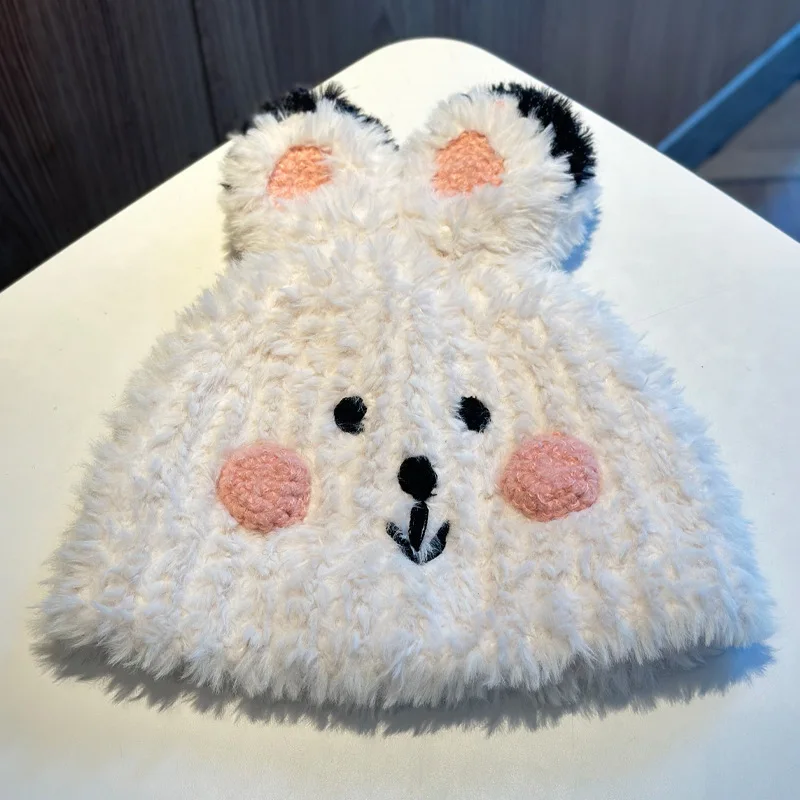 

2025 new winter cute bunny ear plush sweet girl warm knitted woolen cold ear protection skin-friendly basin frog hat