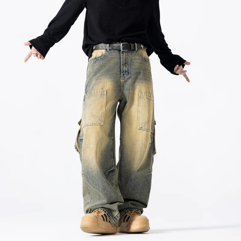 

JSX340 Новое осеннее поступление, джинсовые брюки, американский модный бренд, потертые ретро синие свободные рабочие брюки, широкие прямые брюки для мужчин