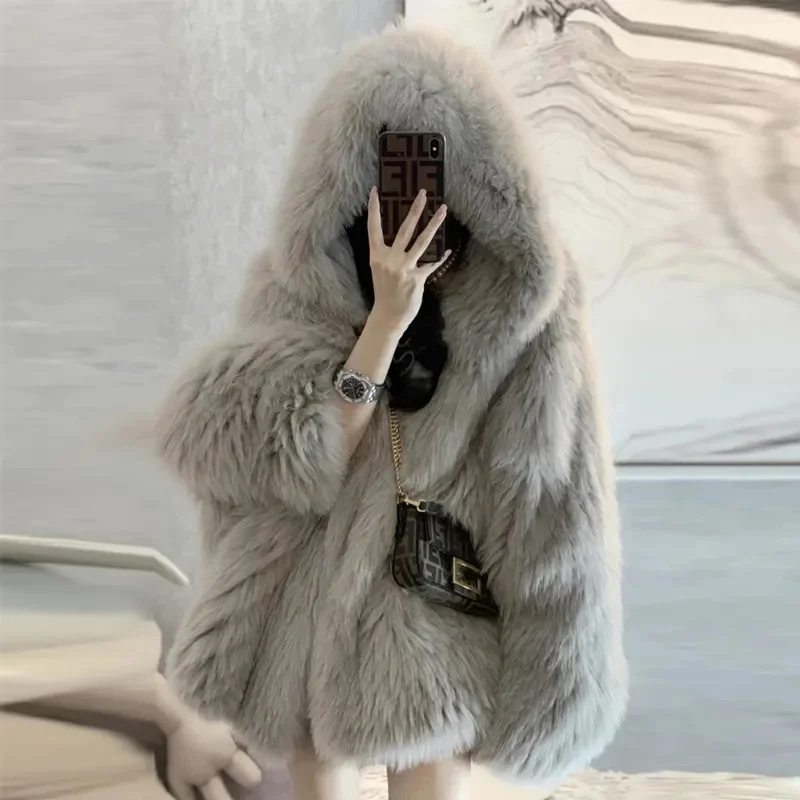 2025 Autumn/Winter Korean Version New Imitation Fur Net Red Fried Street Hooded Fox Hair Mid length Fur Collar Coat for Women