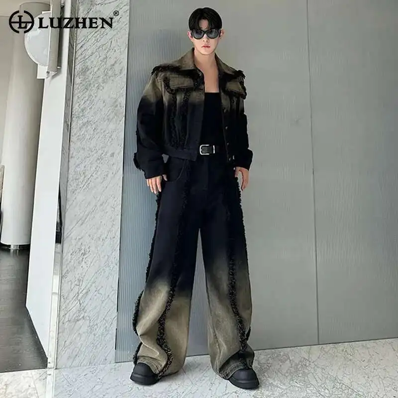 LUZHEN Denim American Sets Gradient Burr Personalized Tassel High Street Wornout Fashion Straight Jeans Retro Two Piece LZ9010
