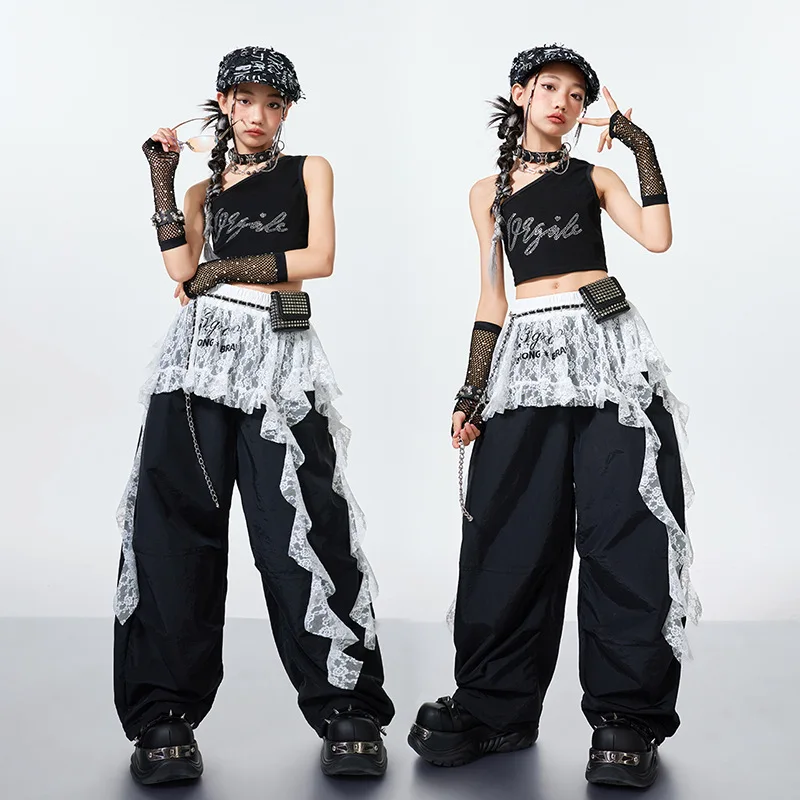 

Girls Kpop Jazz Dance Clothing Hip Hop Performance Suit Summer Navel Tops Baggy Pants Group Fashion Catwalk Show Street Wear Set